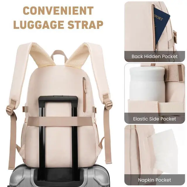 Alt view image 5 of 7 - Backpack for School Girls, Cute High School Backpacks for Teens Women Student Large Bookbag 15.6 Inch Laptop Bag with USB Charger Port for College Work Travel Trip (Khaki Beige)