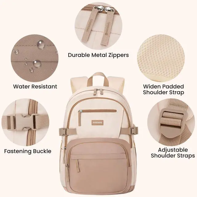Alt view image 4 of 7 - Backpack for School Girls, Cute High School Backpacks for Teens Women Student Large Bookbag 15.6 Inch Laptop Bag with USB Charger Port for College Work Travel Trip (Khaki Beige)