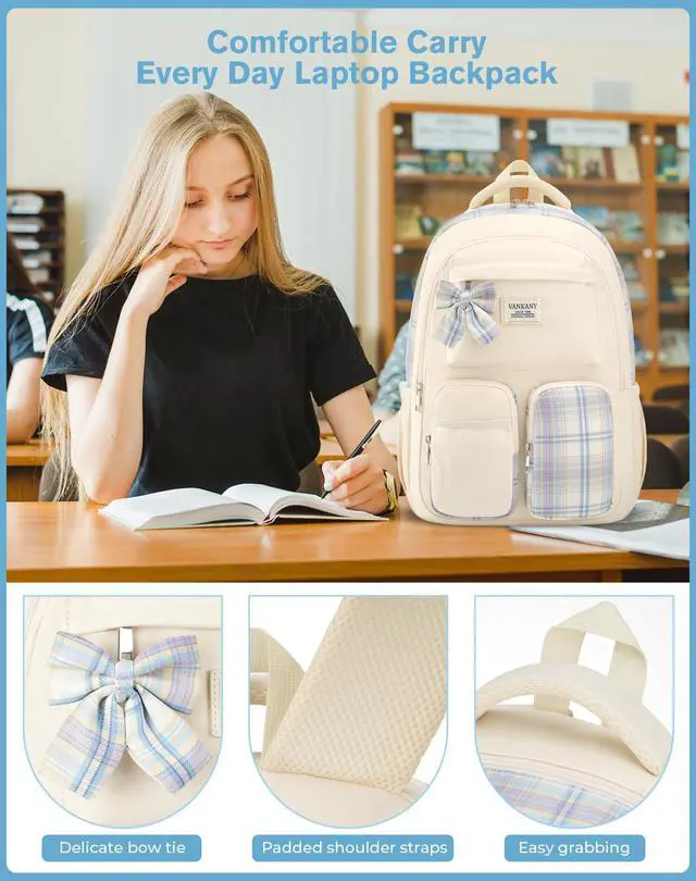 Alt view image 3 of 6 - School Backpack for Teen Girls Cute Bookbags Elementary High School College Laptop Bags Women Travel Daypacks Mochilas Escolares, Beige