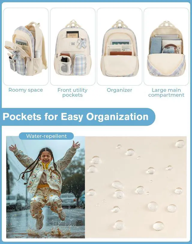 Alt view image 4 of 6 - School Backpack for Teen Girls Cute Bookbags Elementary High School College Laptop Bags Women Travel Daypacks Mochilas Escolares, Beige
