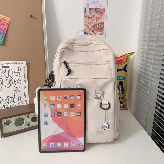 Alt view image 2 of 6 - Cute Aesthetic Backpack for School Middle Student Travel White Backpack Teens Girls Bear Pin Book Bags