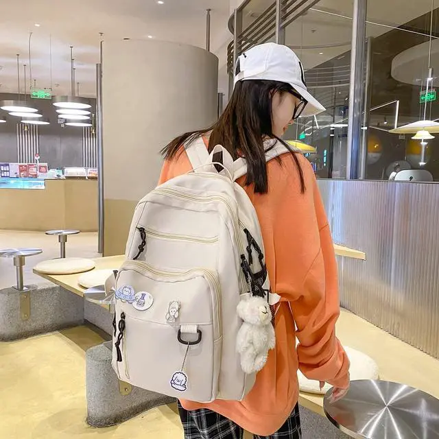 Alt view image 6 of 6 - Cute Aesthetic Backpack for School Middle Student Travel White Backpack Teens Girls Bear Pin Book Bags