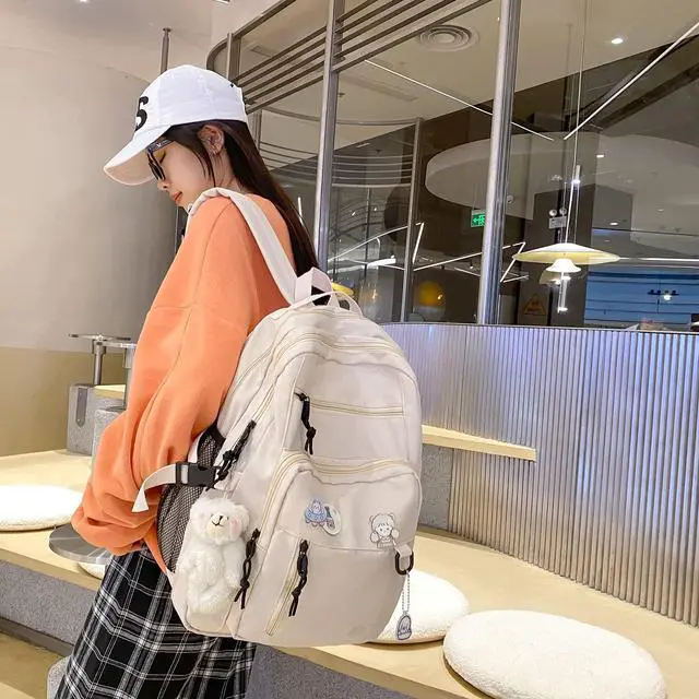 Alt view image 5 of 6 - Cute Aesthetic Backpack for School Middle Student Travel White Backpack Teens Girls Bear Pin Book Bags
