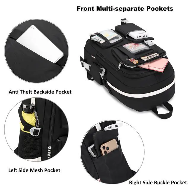 Alt view image 3 of 6 - Backpack for Girls with Accessories Laptop Bookbags 16 Inch Kawaii Kids Elementary Middle High School Bag College Travel Daypack Gifts for Teens Women Students (Black)