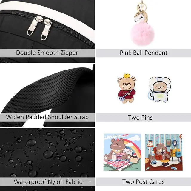 Alt view image 4 of 6 - Backpack for Girls with Accessories Laptop Bookbags 16 Inch Kawaii Kids Elementary Middle High School Bag College Travel Daypack Gifts for Teens Women Students (Black)