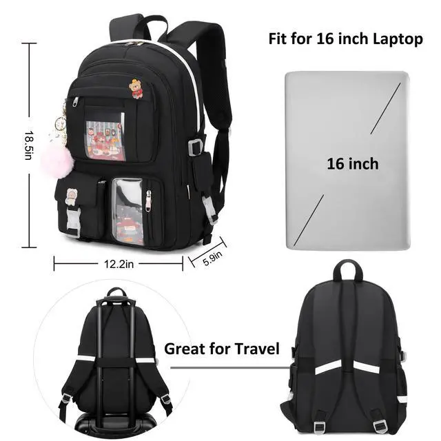 Alt view image 5 of 6 - Backpack for Girls with Accessories Laptop Bookbags 16 Inch Kawaii Kids Elementary Middle High School Bag College Travel Daypack Gifts for Teens Women Students (Black)