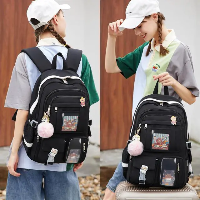 Alt view image 6 of 6 - Backpack for Girls with Accessories Laptop Bookbags 16 Inch Kawaii Kids Elementary Middle High School Bag College Travel Daypack Gifts for Teens Women Students (Black)