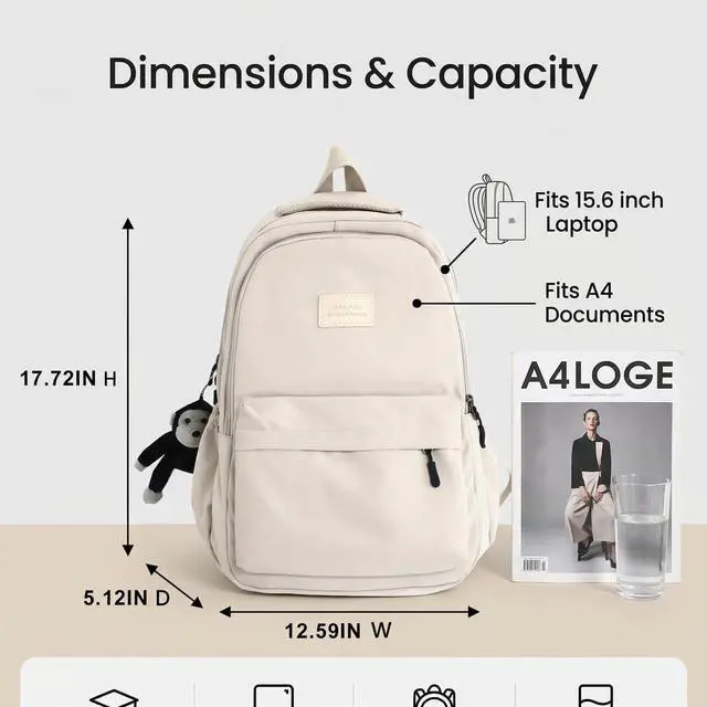 Alt view image 5 of 7 - Aesthetic Cute Backpack for Girls Student School College Travel, White
