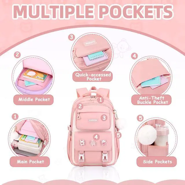 Alt view image 3 of 7 - Girls Backpack, Kids Backpack for Girls with Anti-theft Back Pocket, Lightweight School Bookpack, Watrer Resistant, Bookbag for Elementary Primary School, Pink