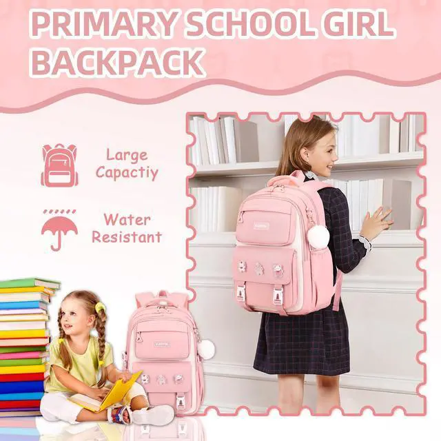 Alt view image 6 of 7 - Girls Backpack, Kids Backpack for Girls with Anti-theft Back Pocket, Lightweight School Bookpack, Watrer Resistant, Bookbag for Elementary Primary School, Pink