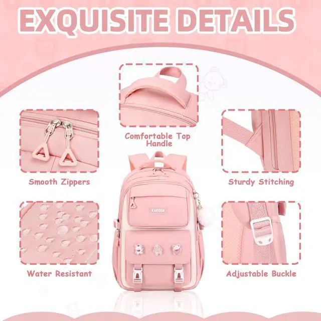 Alt view image 5 of 7 - Girls Backpack, Kids Backpack for Girls with Anti-theft Back Pocket, Lightweight School Bookpack, Watrer Resistant, Bookbag for Elementary Primary School, Pink