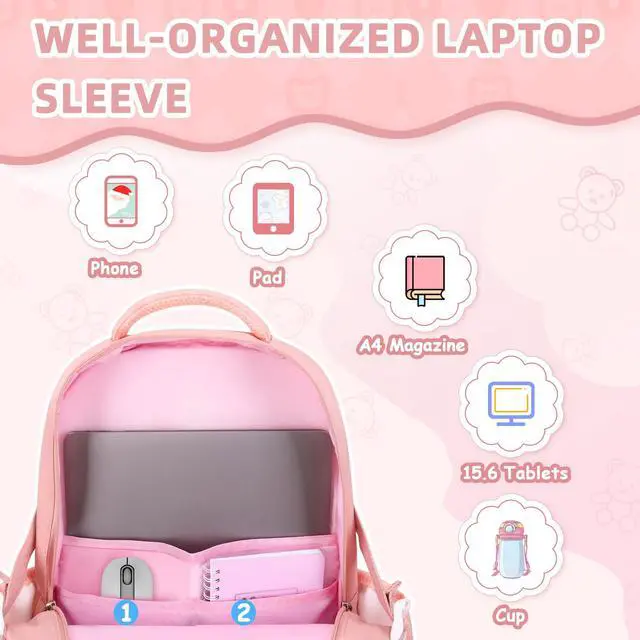 Alt view image 7 of 7 - Girls Backpack, Kids Backpack for Girls with Anti-theft Back Pocket, Lightweight School Bookpack, Watrer Resistant, Bookbag for Elementary Primary School, Pink