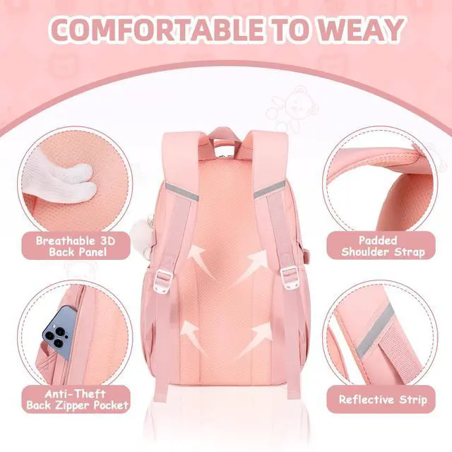 Alt view image 4 of 7 - Girls Backpack, Kids Backpack for Girls with Anti-theft Back Pocket, Lightweight School Bookpack, Watrer Resistant, Bookbag for Elementary Primary School, Pink