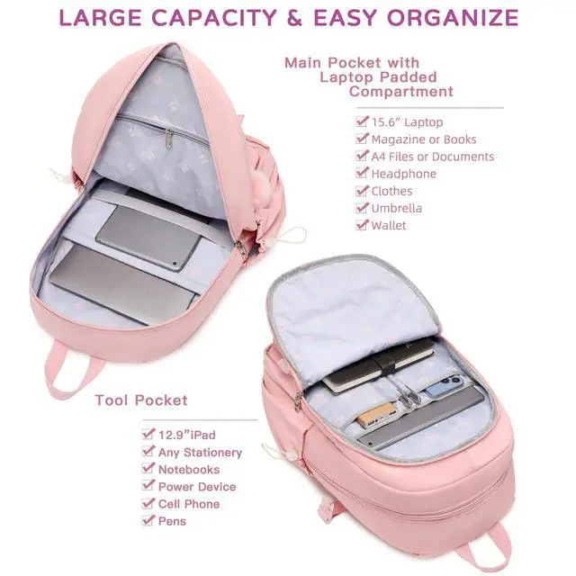 Alt view image 3 of 6 - Laptop Backpack 15.6 Inch Kids Elementary Middle High School Bag College Backpacks Anti Theft Travel Back Pack Large Bookbags for Teens Girls Women Students (Pink)