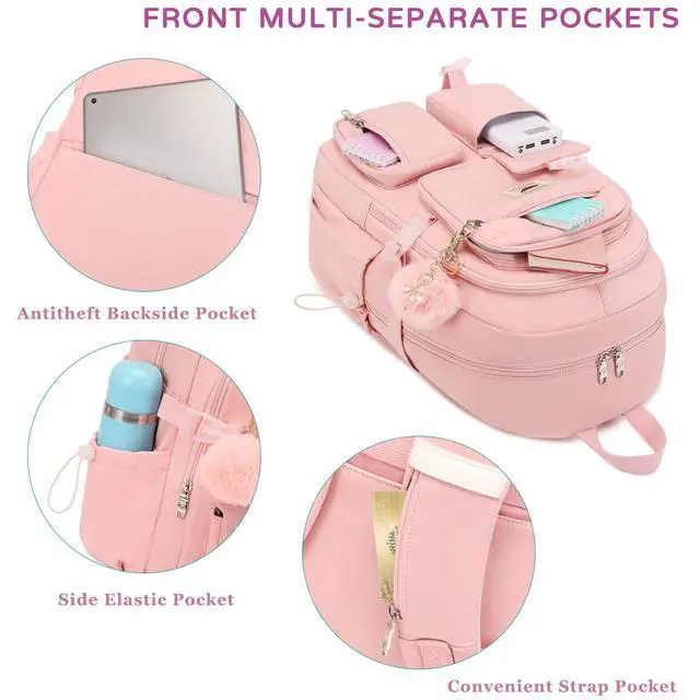 Alt view image 4 of 6 - Laptop Backpack 15.6 Inch Kids Elementary Middle High School Bag College Backpacks Anti Theft Travel Back Pack Large Bookbags for Teens Girls Women Students (Pink)