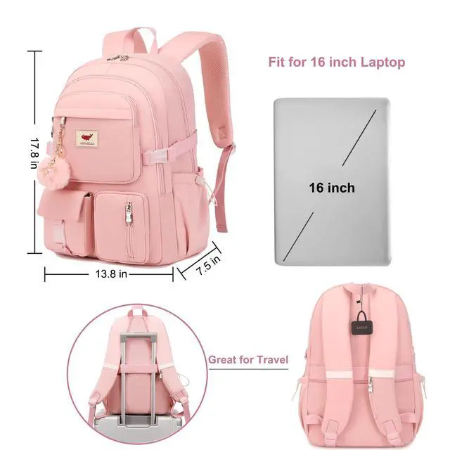 Alt view image 6 of 6 - Laptop Backpack 15.6 Inch Kids Elementary Middle High School Bag College Backpacks Anti Theft Travel Back Pack Large Bookbags for Teens Girls Women Students (Pink)
