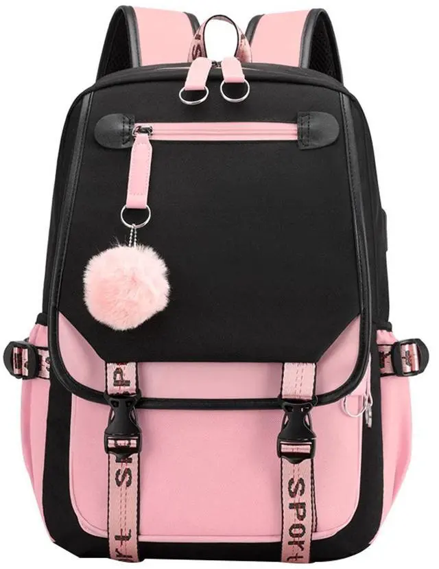 Main image of Teenage Girls' Backpack Middle School Students Bookbag Outdoor Daypack with USB Charge Port (21 Liters, Black Pink)