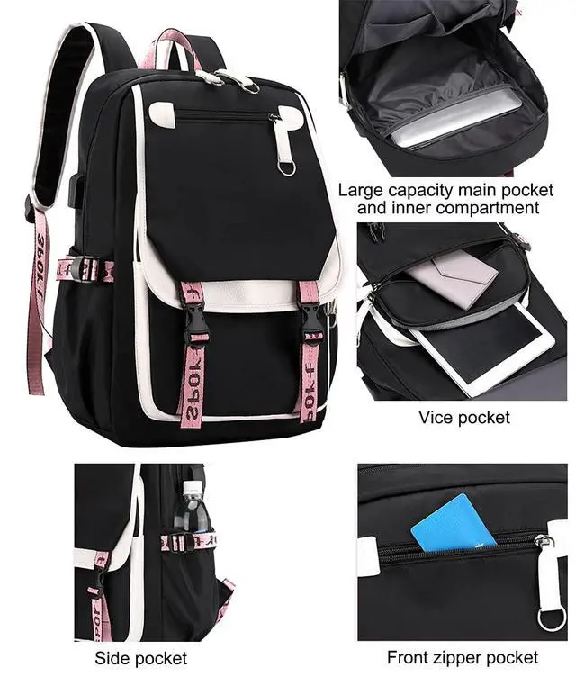 Alt view image 5 of 7 - Teenage Girls' Backpack Middle School Students Bookbag Outdoor Daypack with USB Charge Port (21 Liters, Black Pink)