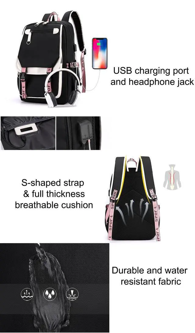 Alt view image 6 of 7 - Teenage Girls' Backpack Middle School Students Bookbag Outdoor Daypack with USB Charge Port (21 Liters, Black Pink)