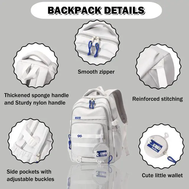 Alt view image 5 of 6 - Kids Backpack for Girls - Aesthetic School Backpack for Teens - Blue Bookbag