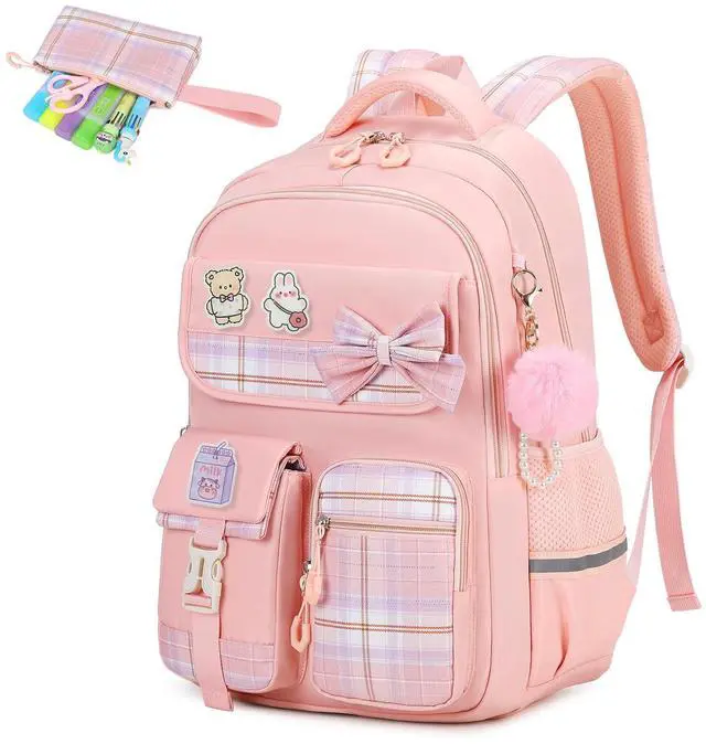 Main image of Girls Backpack, Kids Backpack for Girls School Bags with Pen Case, Bow Plaid Book Bag for Elementary Middle Primary High School College, Pink-2pcs