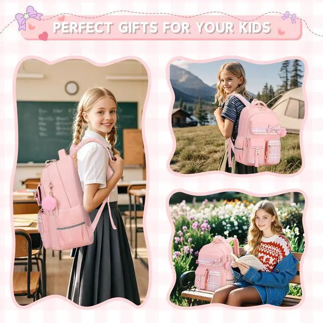 Alt view image 2 of 7 - Girls Backpack, Kids Backpack for Girls School Bags with Pen Case, Bow Plaid Book Bag for Elementary Middle Primary High School College, Pink-2pcs
