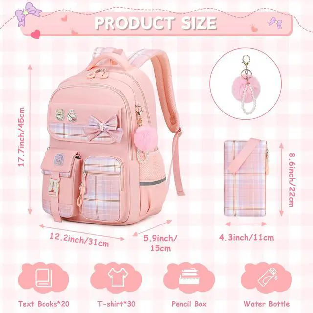 Alt view image 3 of 7 - Girls Backpack, Kids Backpack for Girls School Bags with Pen Case, Bow Plaid Book Bag for Elementary Middle Primary High School College, Pink-2pcs