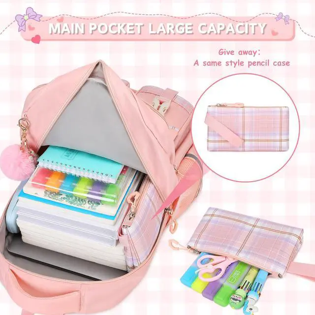 Alt view image 4 of 7 - Girls Backpack, Kids Backpack for Girls School Bags with Pen Case, Bow Plaid Book Bag for Elementary Middle Primary High School College, Pink-2pcs