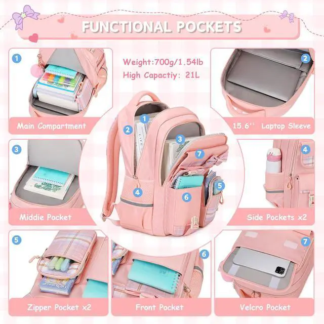 Alt view image 5 of 7 - Girls Backpack, Kids Backpack for Girls School Bags with Pen Case, Bow Plaid Book Bag for Elementary Middle Primary High School College, Pink-2pcs
