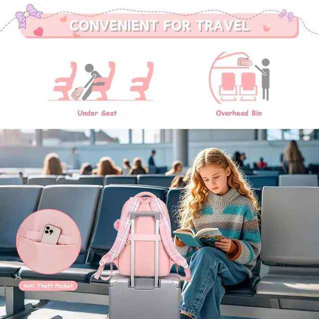 Alt view image 6 of 7 - Girls Backpack, Kids Backpack for Girls School Bags with Pen Case, Bow Plaid Book Bag for Elementary Middle Primary High School College, Pink-2pcs