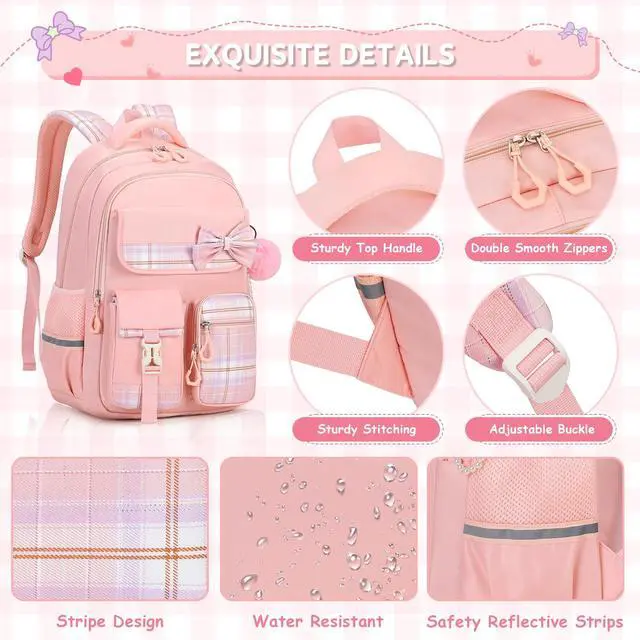 Alt view image 7 of 7 - Girls Backpack, Kids Backpack for Girls School Bags with Pen Case, Bow Plaid Book Bag for Elementary Middle Primary High School College, Pink-2pcs