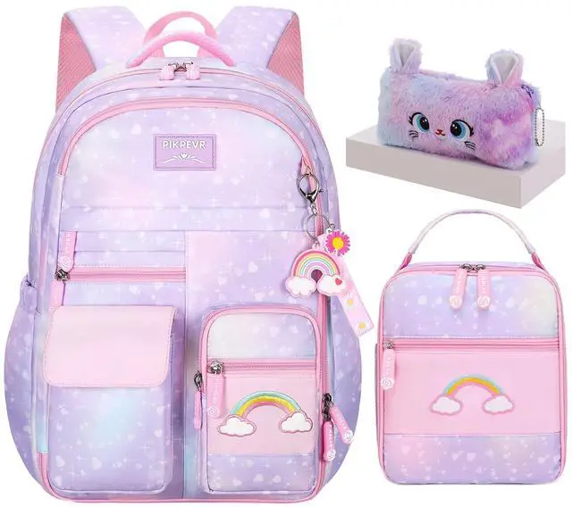 Main image of 3Pcs Girls Rainbow School Backpack with Lunch Bag for Elementary