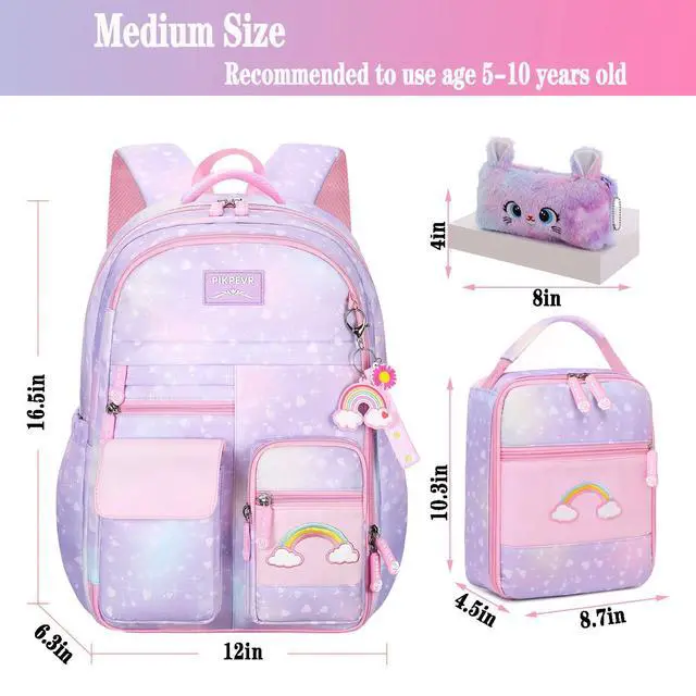 Alt view image 2 of 7 - 3Pcs Girls Rainbow School Backpack with Lunch Bag for Elementary