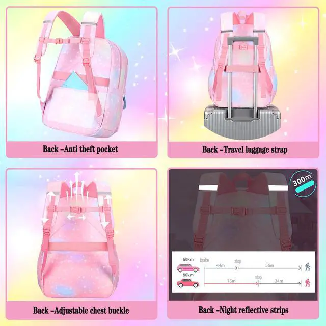 Alt view image 4 of 7 - 3Pcs Girls Rainbow School Backpack with Lunch Bag for Elementary