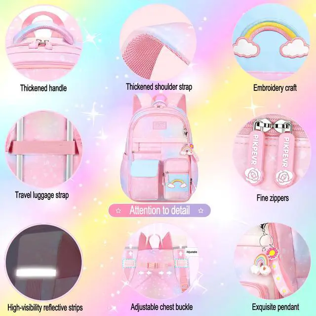 Alt view image 5 of 7 - 3Pcs Girls Rainbow School Backpack with Lunch Bag for Elementary
