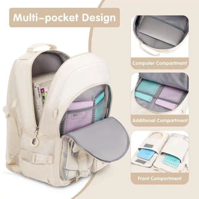Alt view image 2 of 6 - Backpack for Girls - Bookbag Backpacks Schoolbag for Girls Kids Teen Women Casual Travel Daypacks - School Bag Elementary Middle School College Cute Backpack with Lunch Box (Beige)