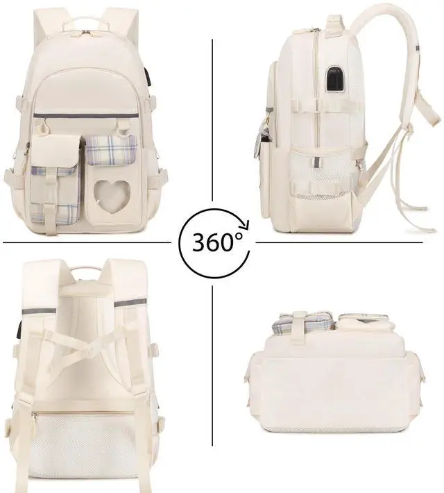 Alt view image 5 of 6 - Backpack for Girls - Bookbag Backpacks Schoolbag for Girls Kids Teen Women Casual Travel Daypacks - School Bag Elementary Middle School College Cute Backpack with Lunch Box (Beige)