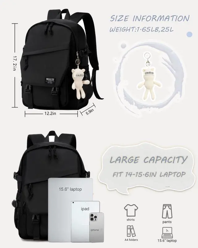 Alt view image 6 of 6 - College School Bag for Men Women Laptop Backpack 15.6 Inch Anti Theft Travel Daypack Large Elementary Middle High Bookbags for Teens Girls Boys Students-Mediumblack