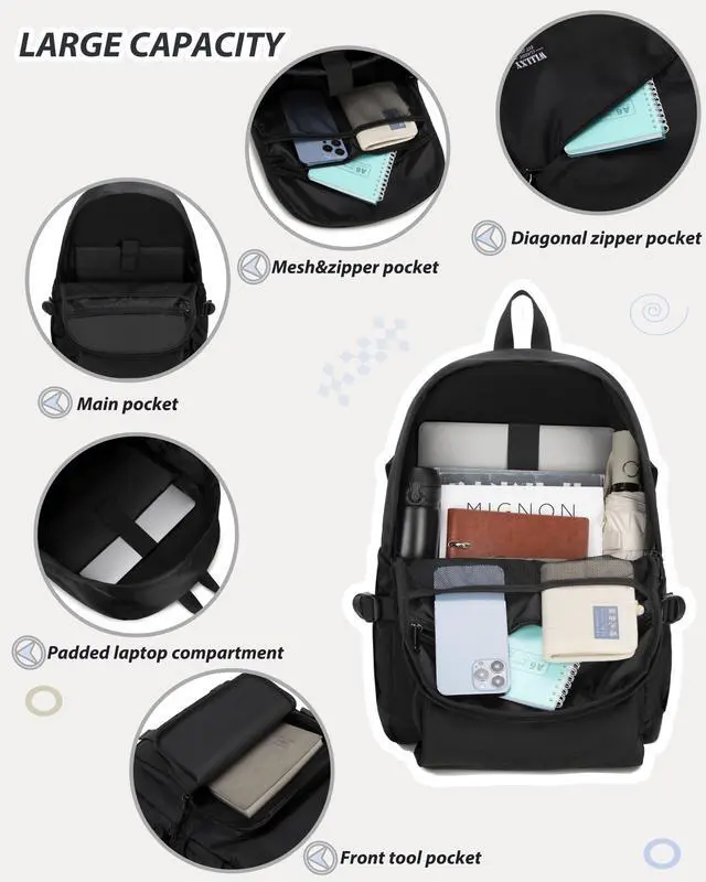 Alt view image 3 of 6 - College School Bag for Men Women Laptop Backpack 15.6 Inch Anti Theft Travel Daypack Large Elementary Middle High Bookbags for Teens Girls Boys Students-Mediumblack