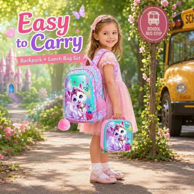 Alt view image 2 of 7 - 16" Fox Backpack for Girls, 3Pcs Kids Bookbag for Elementary Preschool Kindergarten, School Backpacks with Lunch Box(Pink)