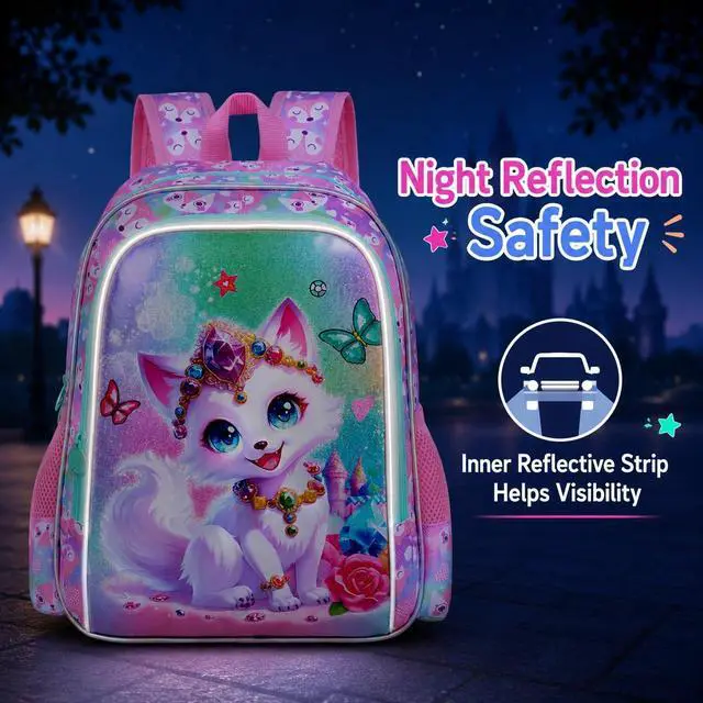 Alt view image 4 of 7 - 16" Fox Backpack for Girls, 3Pcs Kids Bookbag for Elementary Preschool Kindergarten, School Backpacks with Lunch Box(Pink)