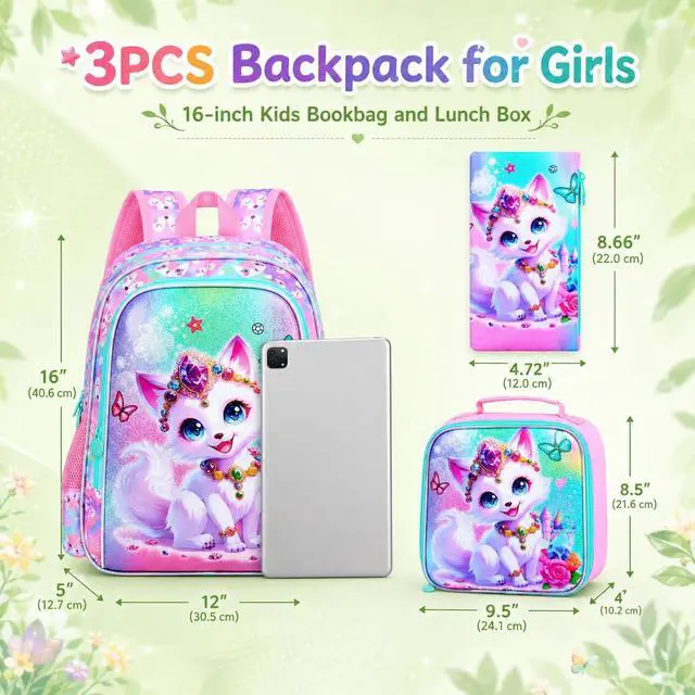 Alt view image 5 of 7 - 16" Fox Backpack for Girls, 3Pcs Kids Bookbag for Elementary Preschool Kindergarten, School Backpacks with Lunch Box(Pink)