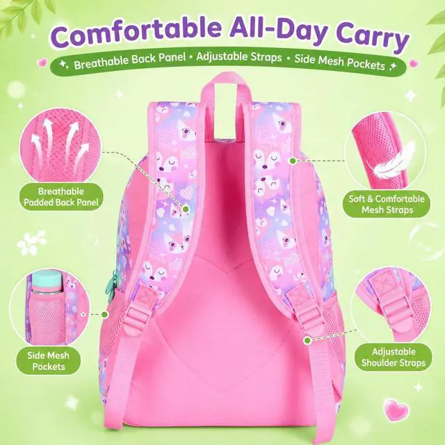 Alt view image 6 of 7 - 16" Fox Backpack for Girls, 3Pcs Kids Bookbag for Elementary Preschool Kindergarten, School Backpacks with Lunch Box(Pink)