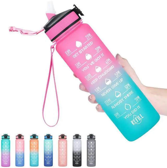 Main image of Water Bottle with Straw & Time Marker, Plastic 32oz Leakproof