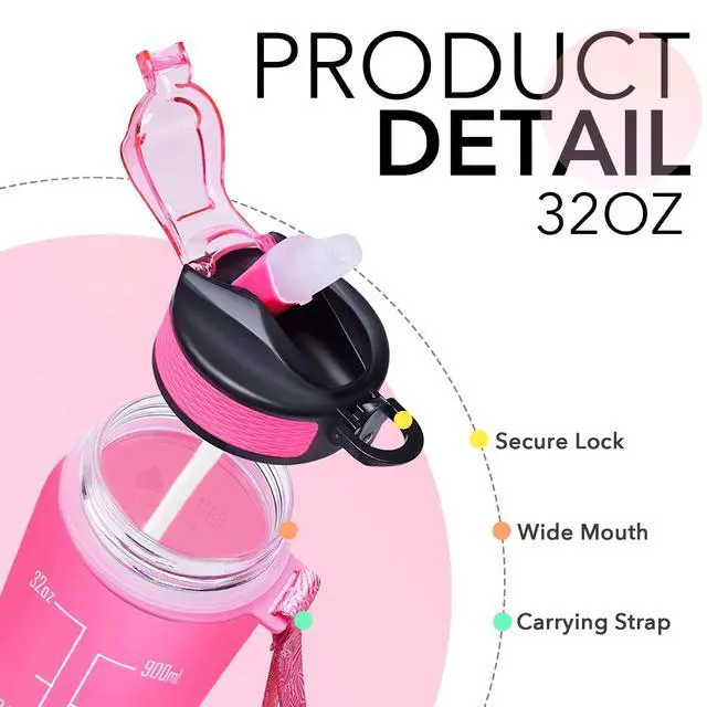 Alt view image 4 of 7 - Water Bottle with Straw & Time Marker, Plastic 32oz Leakproof