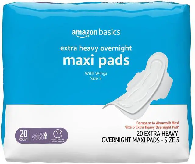 Main image of Thick Maxi Pads with Wings for Periods, Extra Heavy Overnight Absorbency, Absorbent Core, Stay in Place Protection, Unscented, Size 5, 20 Count (Previously Solimo)