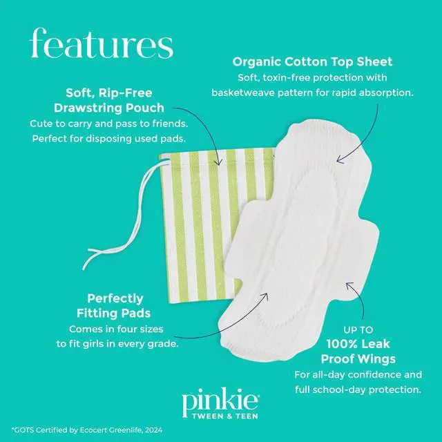 Alt view image 3 of 7 - Small Period Pads for Tweens & Teens, Organic Cotton Topsheet, 18 Ct