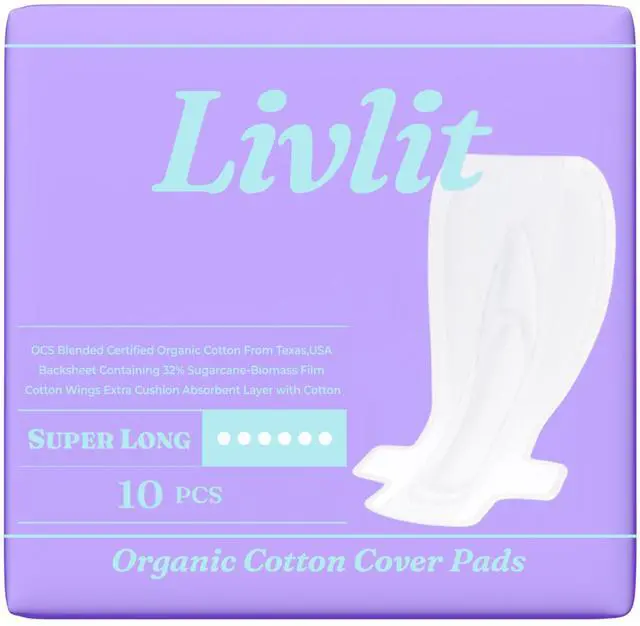 Main image of Super Long Overnight Pads - 100% Organic Cotton from Texas, Heavy Absorbency, Powerful Leak Protection, Unscented, Extra Long Length (10 Count)