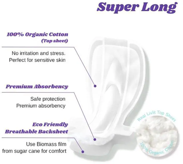 Alt view image 7 of 7 - Super Long Overnight Pads - 100% Organic Cotton from Texas, Heavy Absorbency, Powerful Leak Protection, Unscented, Extra Long Length (10 Count)