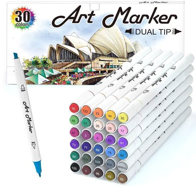 Main image of 30 Colors Art Markers, Dual Tip Permanent Marker Pens Highlighters Perfect for Kids Adults Artist Drawing Sketching Card Making & Coloring Books